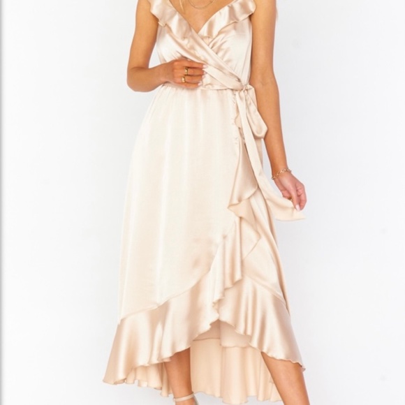 Show Me Your MuMu Dresses & Skirts - Show Me Your Mumu Bridesmaid Dress Samantha Champagne Luxe Satin Ruffle Wrap